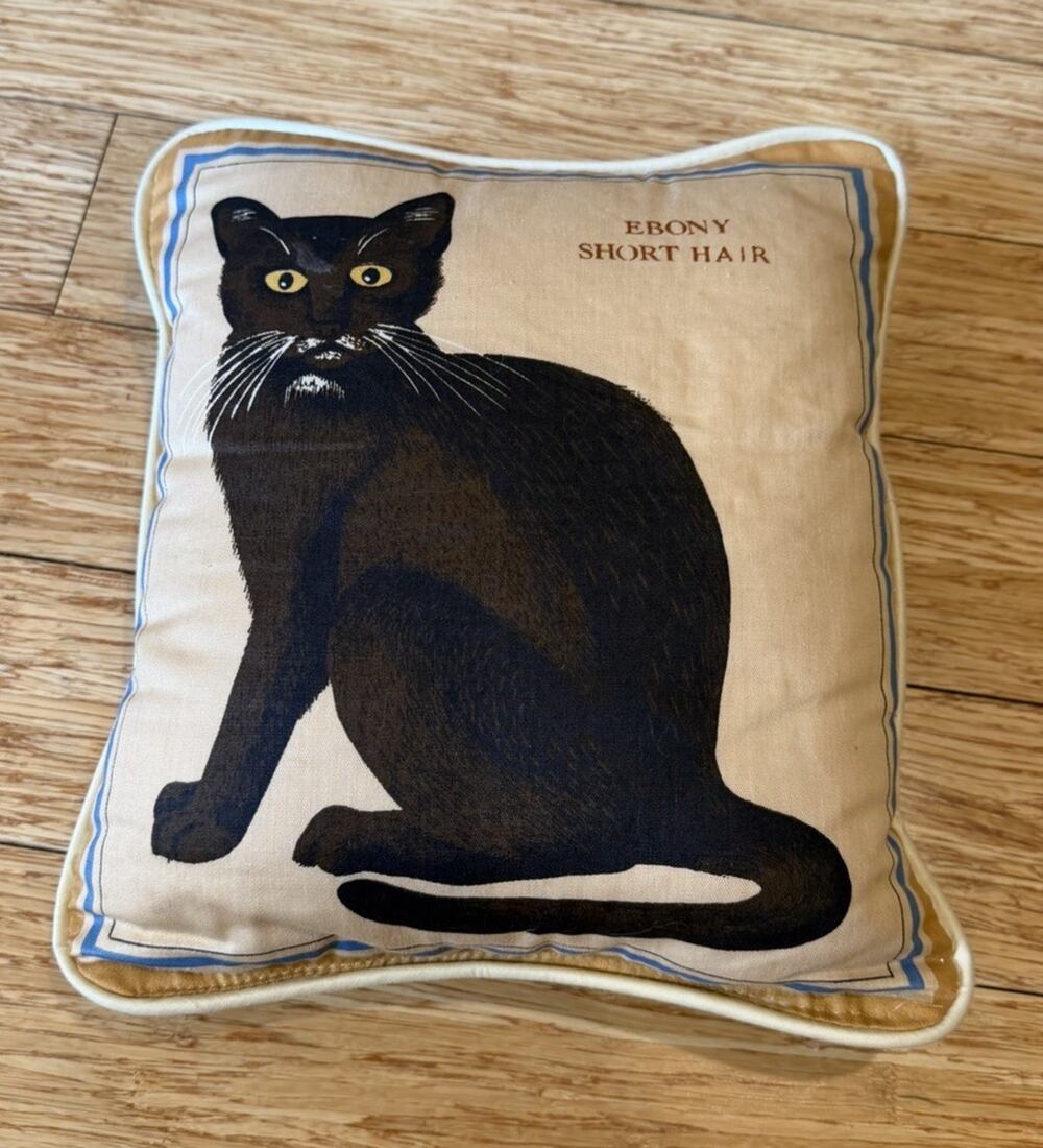 Ebony Short Hair Cat Throw Pillow Cream Vintage 11x12” Black Kitten